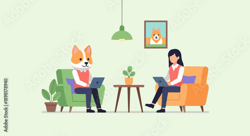 Two individuals, one canine, work on laptops in cozy armchairs