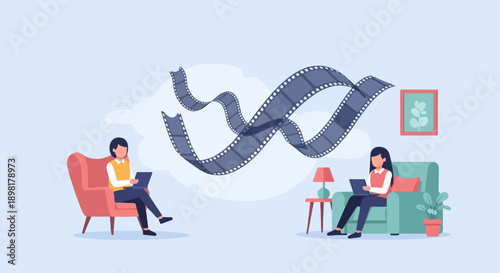 Two individuals relax indoors, engaging with devices amidst flowing film reel