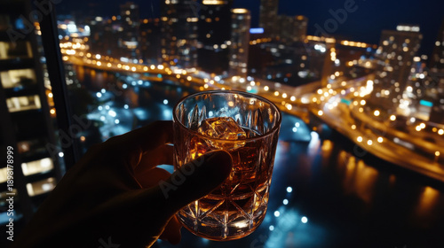 a glass of alcohol against the backdrop of a night city