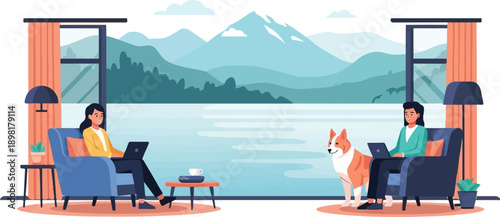 Two individuals work on laptops while a dog watches a serene lake and mountain vista