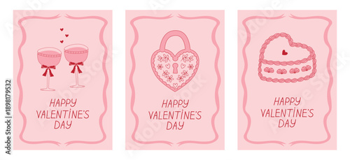 A set of coquette pink Valentine's Day greeting posters. Vector illustrations feature hand-drawn festive glasses, a heart-shaped cake, and a heart-shaped padlock.