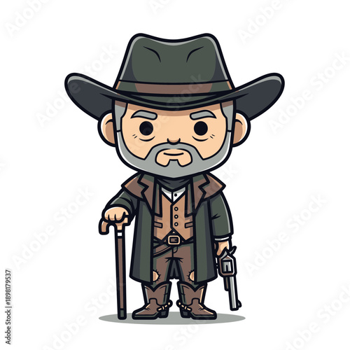 Cartoon cowboy with gray beard holding gun and cane