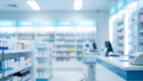 Blurred background of modern pharmacy interior with medicine
