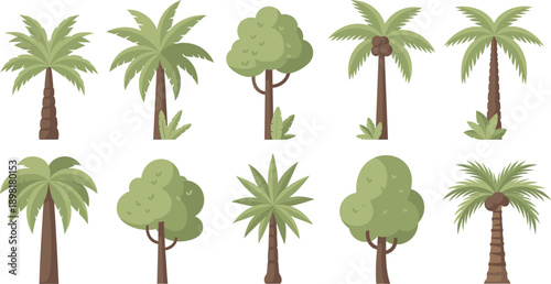 Cute jungle and coconut trees cartoon flat vector