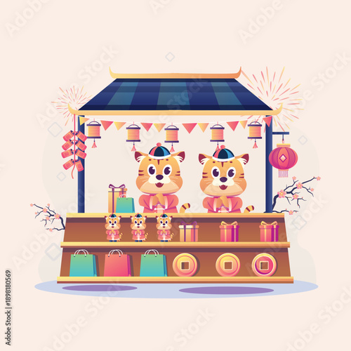 Charming feline characters manage a festive cultural market stall, an inviting outdoor booth showcasing traditional gifts and tokens amidst vibrant celebratory decorations, embodying a joyful event