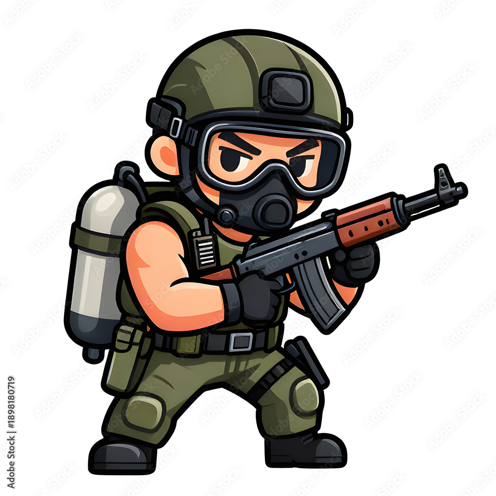 Naklejka premium A sturdy special forces soldier with a combat weapon, fully equipped in special combat gear. Cartoon mascot, illustration, clean lines, flat design, modern, high quality