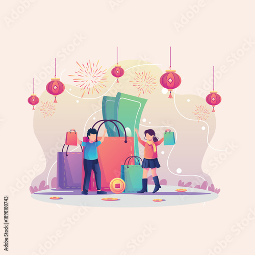 Joyful Kids Celebrating a Shopping Spree Children Surrounded by Gifts, Money, and Festive Lanterns Under a Sky Adorned with Fireworks, Symbolizing Abundance and Happiness