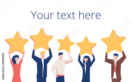 5-Star Rating Concept: Diverse team holding up large golden stars for customer satisfaction, excellent review, quality service, and user feedback on a white background.