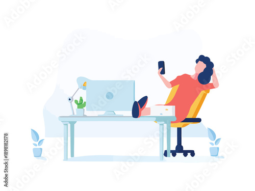 Procrastination at Work: Lazy employee relaxing in office chair, browsing social media on smartphone with feet up on desk. Flat design illustration.