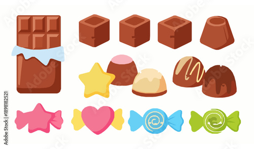 Cute cartoon chocolate vector set with sweet candy characters for kids