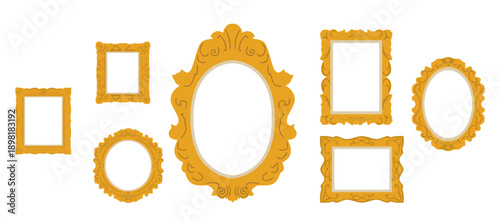 Ornate Gold Vintage Frames Set. Baroque Golden Picture and Photo Frame Collection (Oval, Square, Rectangle). Decorative antique border vector illustration.