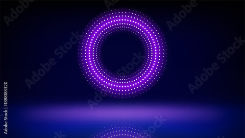 Futuristic technology stage blue background. Round purple pink dotted led, neon glow. Abstract background for displaying products, presentation, advertising. Tech backdrop. Showcase. Vector