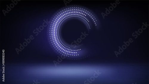 Futuristic technology stage, dim blue background. Round dotted led, neon glow. Abstract background for displaying products, presentation, advertising. Tech blue backdrop. Showcase. Vector