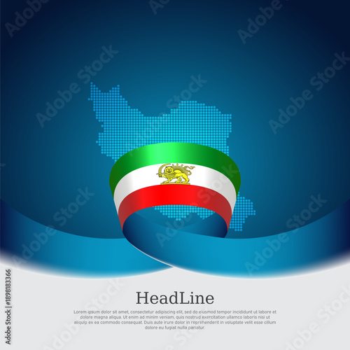 Waving flag of iran lion and sun, mosaic map on blue white background. Iranian protest, revolution, riot. Template for patriotic protest banner poster, flyer card. Iran national booklet. Vector