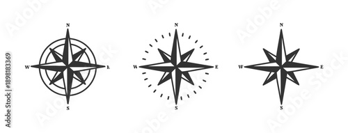 Compass Rose Icon Set. Vector Collection of Navigation Star Symbols. Flat Design Directional Pointers.