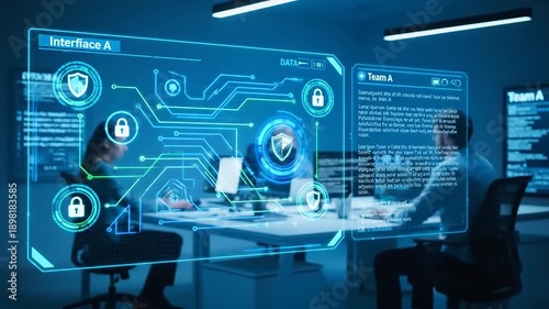 Digital security team working in a modern office with futuristic holographic interface displaying cybersecurity data and icons