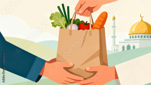 Cartoon vector illustration of a hand holding a green bag with a small tree plant isolated like a paper art card