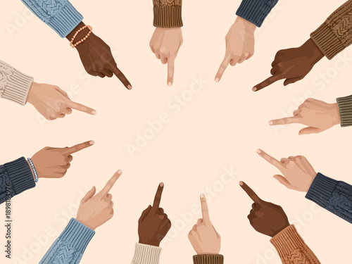 Multiple hands pointing in a circular formation on a peach background