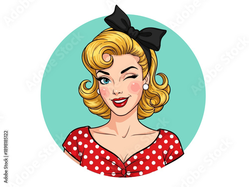 Cartoon woman with blonde hair and black bow smiling