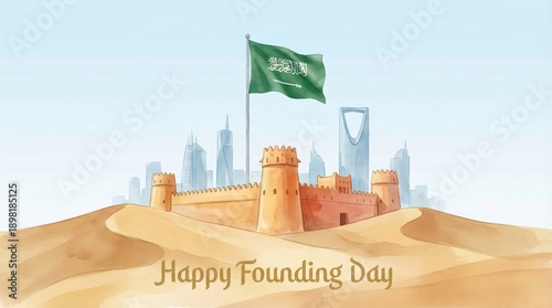 Wallpaper Mural Saudi arabia founding day card illustration in watercolor style.
 Torontodigital.ca