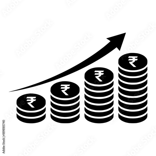 Stacked rupee coins with an upward arrow representing financial growth and investment
