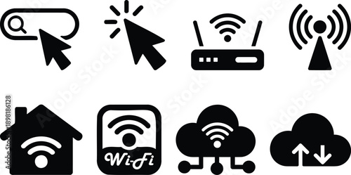 Collection of icons representing various aspects of internet connectivity and cloud computing