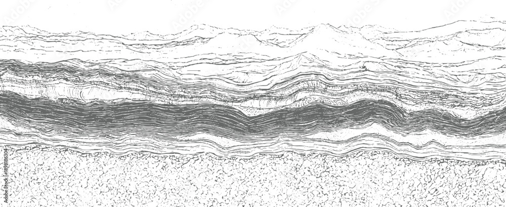 Εκτύπωση καμβά Abstract grayscale depiction of layered geological strata and distant mountain p