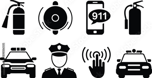 Emergency services and safety icons displayed in a grid format