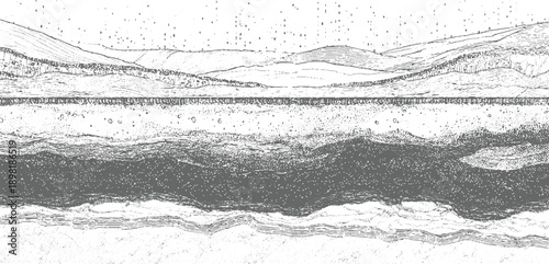 Cross section of geological strata showing layers of earth rock and water with distant hills under a speckled sky