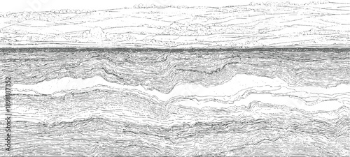 Detailed cross section of rolling hills and layered geological strata landscape trees foliage