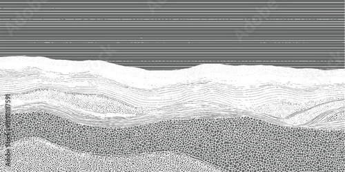 Stylized cross section of geological strata with undulating layers and granular textures in monochrome