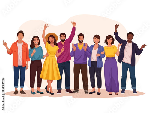 Diverse group of people standing together with hands raised in celebration