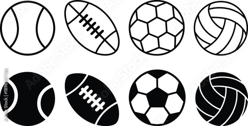A collection of various sports balls including tennis, football, soccer, and volleyball