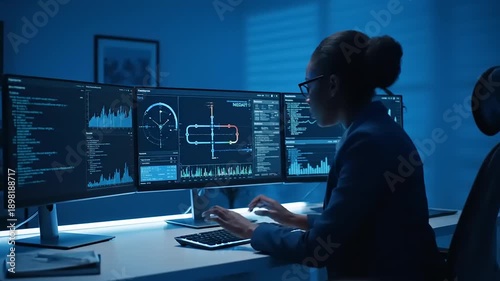 Dedicated female programmer or cybersecurity expert analyzing complex algorithms and data visualizations on multiple computer monitors in a futuristic, dimly lit server environment