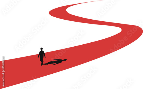 Businessman walking alone on winding red path with shadow