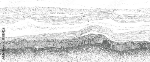 Detailed cross section of geological strata showing layers of rock and sediment with varied textures and formations