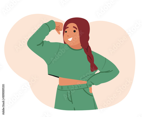 Happy preteen girl child cartoon character showing biceps feeling pride of personal achievement