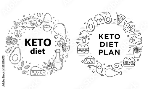 Keto Diet Icons Set and Low Carb Food Nutrition Plan Circle