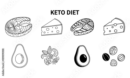 Keto diet food ingredients line art collection