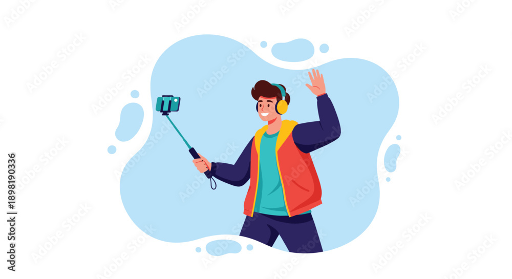Obraz premium Young man wearing headphones and a bright vest is smiling while taking a selfie with a smartphone mounted on a long black selfie stick.