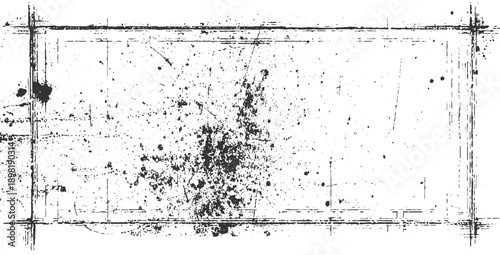 Black ink splatters and grunge texture overlay on white background with distressed rectangular frame