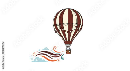 Vintage hot air balloon with brown and cream stripes is flying in the sky above decorative wind swirls and soft blue clouds.