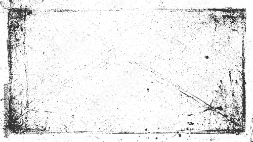 Black ink splatter grunge texture on white background with distressed border