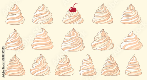 Multiple swirls of light pink whipped cream or frosting are arranged in rows on a beige background, with one topped by a red cherry.