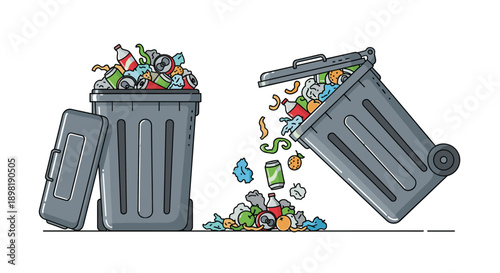 Overfilled trash cans with scattered garbage including cans and bottles representing waste management and pollution.