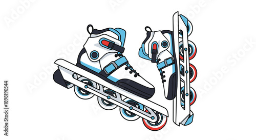 Pair of professional inline skates with white and blue boots and four wheels designed for speed and recreational skating.