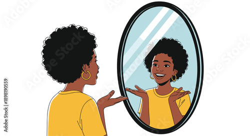 Happy young Black girl with curly hair smiling and looking at her reflection in a large oval mirror with a yellow shirt.