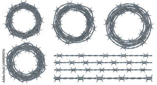 Set of barbed wire circles and horizontal strands illustrated in a detailed sketch style for security and boundary themes.