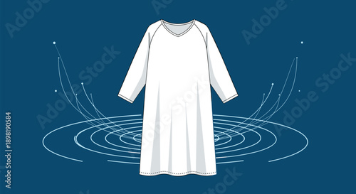 Simple long white nightgown or dress with long sleeves displayed against a dark blue background with digital wave patterns.