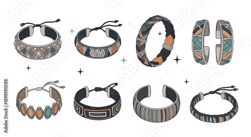Collection of bohemian-style woven and beaded bracelets in earthy tones and various patterns for fashion accessories.